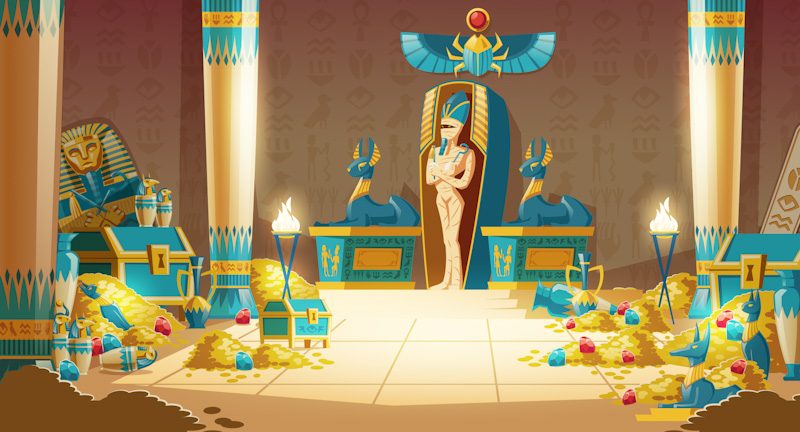 Vector Egyptian tomb - pharaoh sarcophagus with mummy, treasure and other symbols of culture. Cartoon background of ancient pyramid with gold. Anubis, Bastet sculptures, hieroglyphs and scarab.